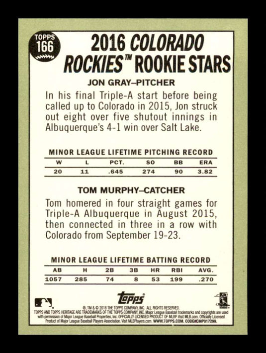 2016 Topps Heritage Jon Gray Tom Murphy 