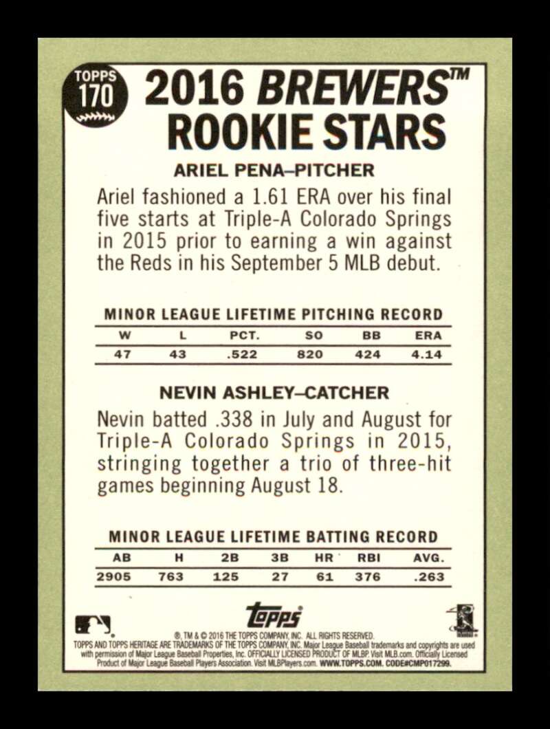 Load image into Gallery viewer, 2016 Topps Heritage Ariel Pena Nevin Ashley #170 Rookie RC Milwaukee Brewers  Image 2
