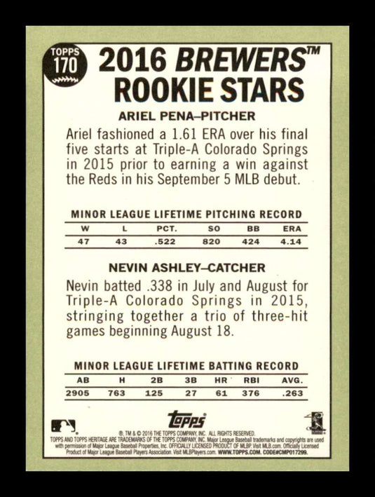 2016 Topps Heritage Ariel Pena Nevin Ashley 