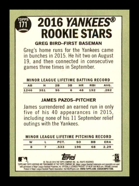 2016 Topps Heritage Greg Bird James Pazos 