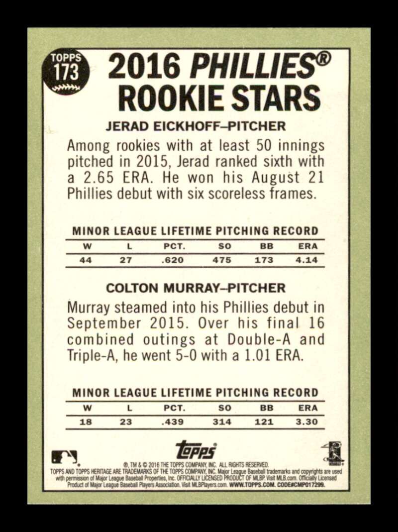 Load image into Gallery viewer, 2016 Topps Heritage Jerad Eickhoff Colton Murray #173 Rookie RC Philadelphia Phillies  Image 2
