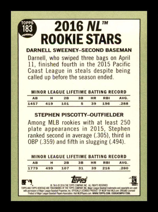 2016 Topps Heritage Darnell Sweeney Stephen Piscotty 