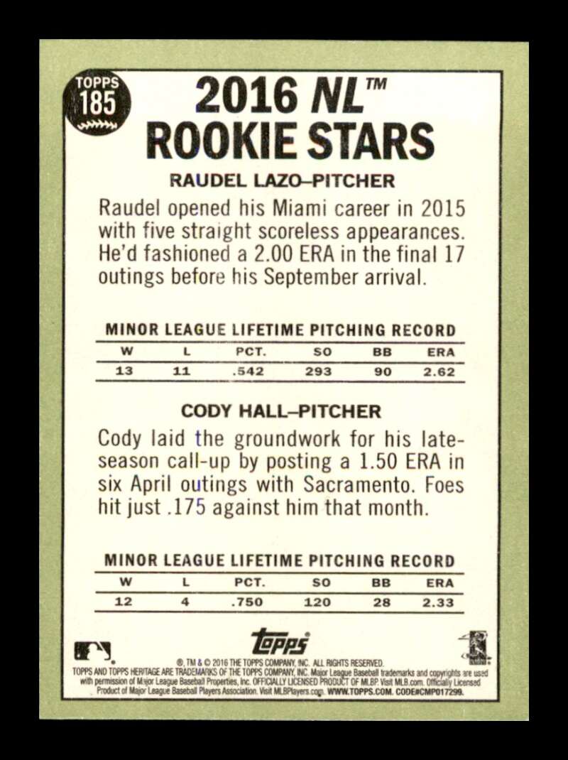 Load image into Gallery viewer, 2016 Topps Heritage Cody Hall Raudel Lazo #185 Rookie RC San Francisco Giants/ Miami Marlins  Image 2
