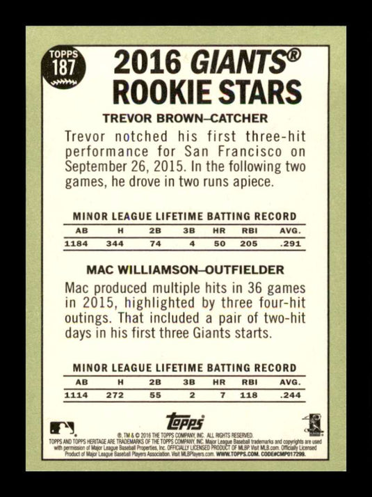 2016 Topps Heritage Trevor Brown Mac Williamson 