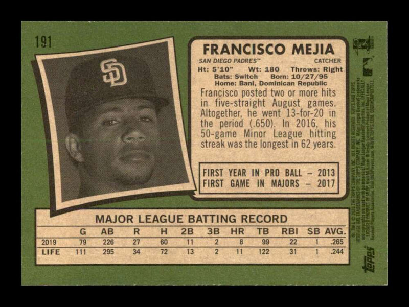 Load image into Gallery viewer, 2020 Topps Heritage Francisco Mejia #191 San Diego Padres  Image 2

