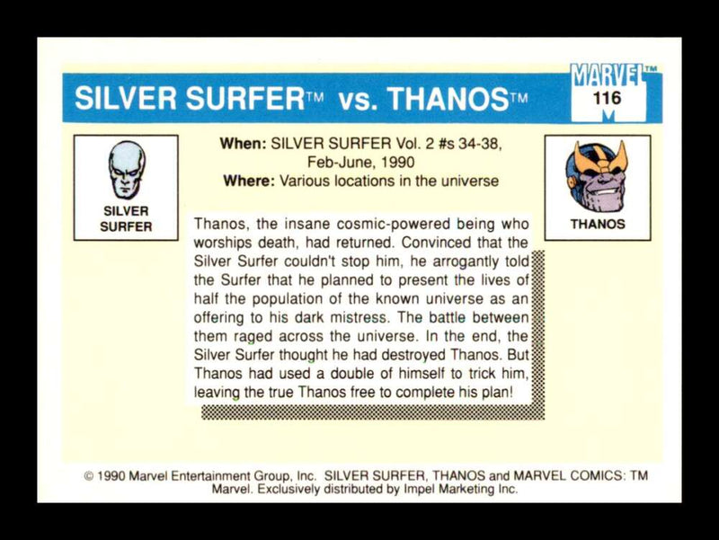 Load image into Gallery viewer, 1990 Impel Marvel Universe Silver Surfer vs Thanos #116 Famous Battles  Image 2
