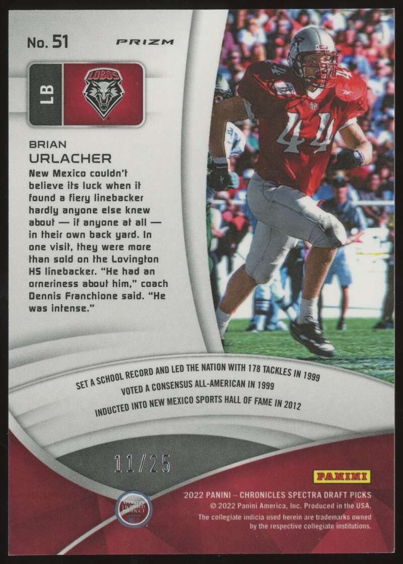 Load image into Gallery viewer, 2022 Panini Chronicles Draft Spectra Red Brian Urlacher #51 Short Print SP /25 New Mexico Lobos  Image 2
