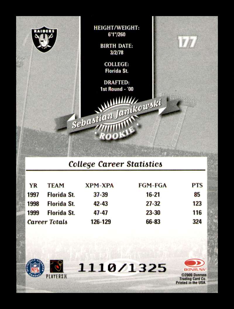 Load image into Gallery viewer, 2000 Donruss Sebastian Janikowski #177 Rookie RC SP /1325 Oakland Raiders  Image 2
