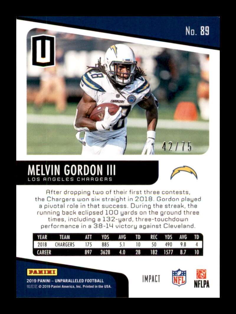 Load image into Gallery viewer, 2019 Panini Unparalleled Impact Melvin Gordon #89 Short Print SP /75 Los Angeles Chargers  Image 2
