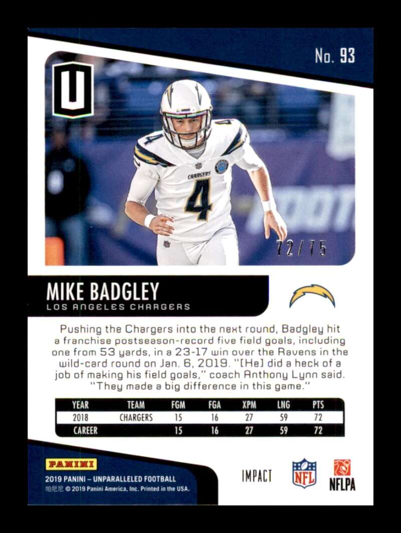 Load image into Gallery viewer, 2019 Panini Unparalleled Impact Mike Badgley #93 Rookie RC SP /75 Los Angeles Chargers  Image 2
