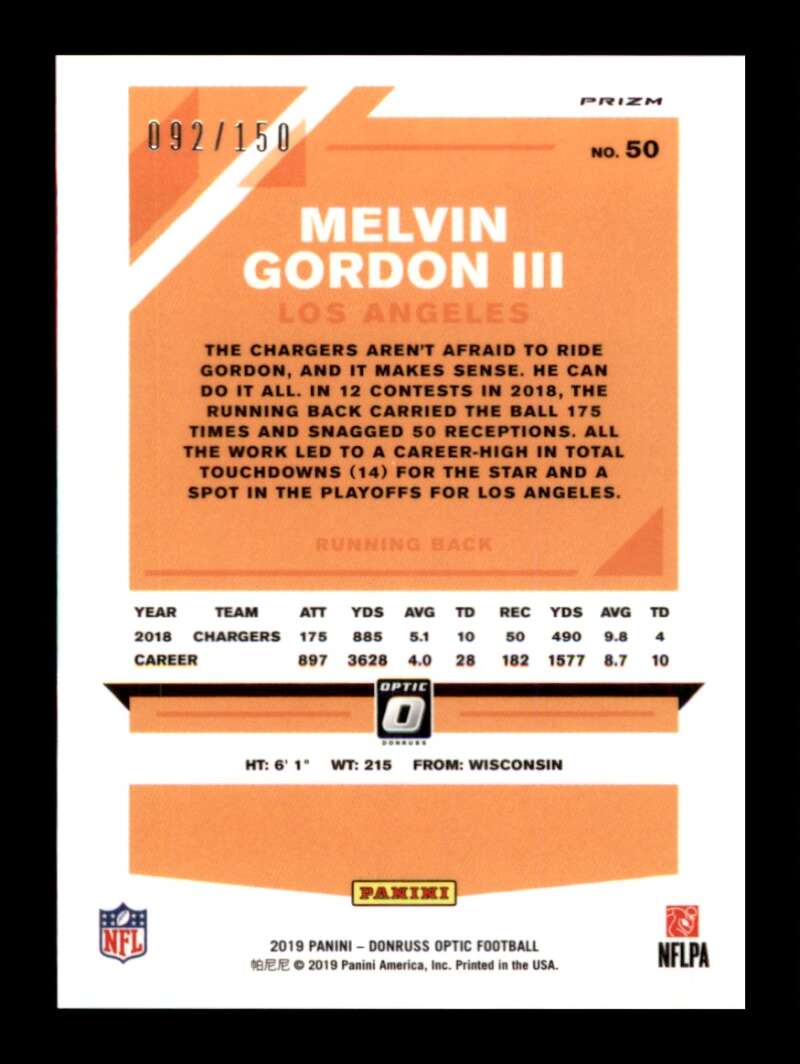 Load image into Gallery viewer, 2019 Donruss Optic Blue Prizm Melvin Gordon #50 Short Print SP /150 Los Angeles Chargers  Image 2
