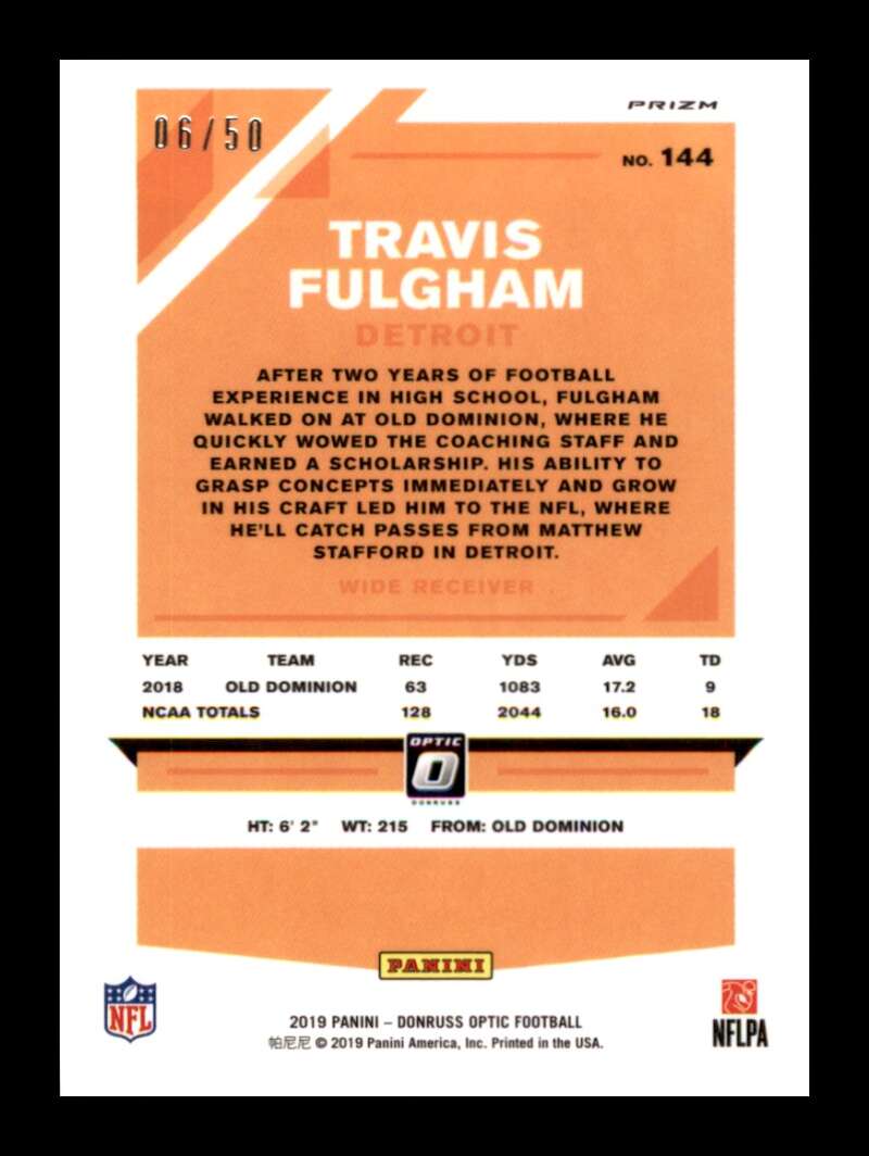 Load image into Gallery viewer, 2019 Donruss Optic Purple Prizm Travis Fulgham #144 Rookie RC SP /50 Detroit Lions  Image 2
