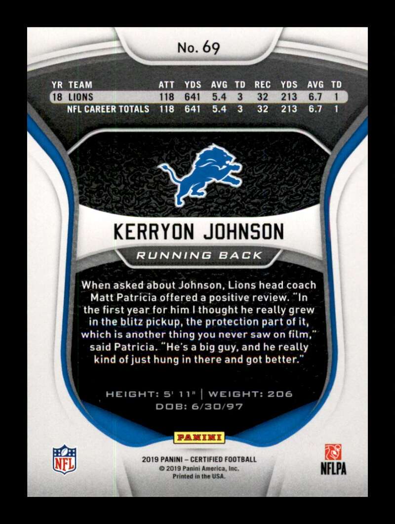 Load image into Gallery viewer, 2019 Panini Certified Mirror Blue Kerryon Johnson #69 Short Print SP /50 Detroit Lions  Image 2
