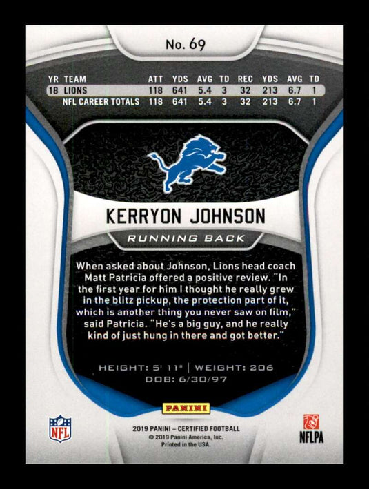 2019 Panini Certified Mirror Blue Kerryon Johnson