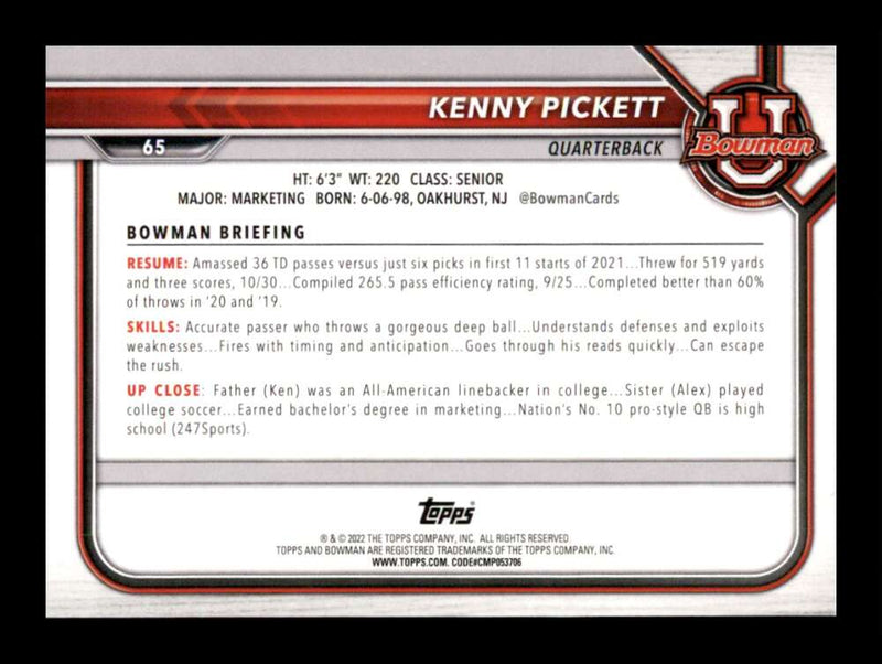 Load image into Gallery viewer, 2021 Bowman University Kenny Pickett #65 Rookie RC Pittsburgh Panthers  Image 2
