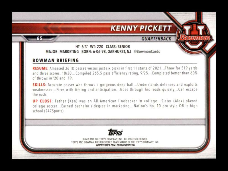 Load image into Gallery viewer, 2021 Bowman University Kenny Pickett #65 Rookie RC Pittsburgh Panthers  Image 2
