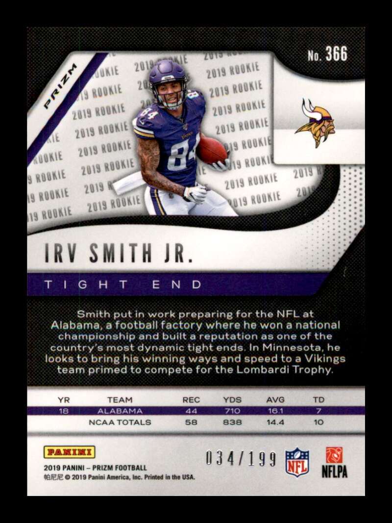 Load image into Gallery viewer, 2019 Panini Prizm Blue Wave Prizm Irv Smith Jr. #366 Rookie RC SP /199 Minnesota Vikings  Image 2
