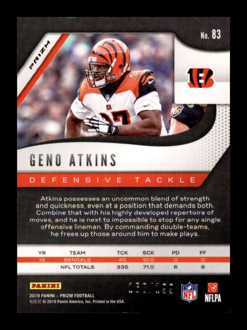 Load image into Gallery viewer, 2019 Panini Prizm Blue Wave Prizm Geno Atkins #83 Short Print SP Cincinnati Bengals  Image 2
