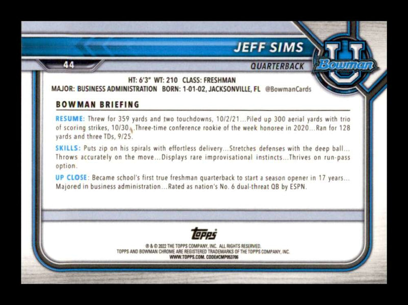 Load image into Gallery viewer, 2021 Bowman University Yellow Refractor Jeff Sims #44 Rookie RC SP /75 Georgia Tech Yellow Jackets  Image 2
