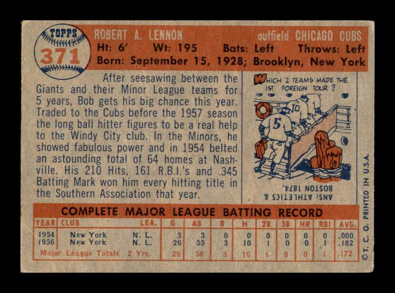 Load image into Gallery viewer, 1957 Topps Bob Lennon #371 Corner Crease Chicago Cubs  Image 2

