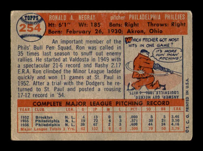 Load image into Gallery viewer, 1957 Topps Ron Negray #254 Wrinkle Philadelphia Phillies  Image 2
