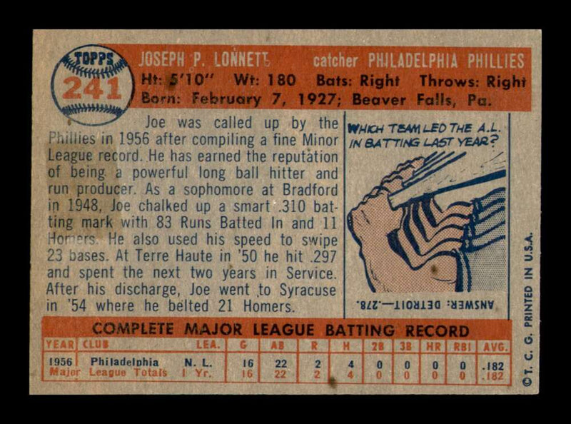 Load image into Gallery viewer, 1957 Topps Joe Lonnett #241 Rookie RC Philadelphia Phillies  Image 2
