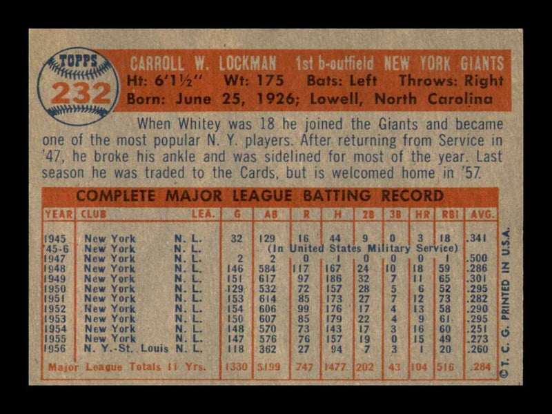 Load image into Gallery viewer, 1957 Topps Whitey Lockman #232 Surface Dent New York Giants  Image 2
