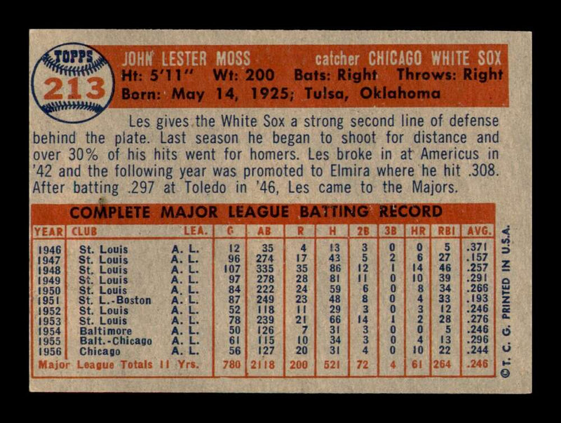 Load image into Gallery viewer, 1957 Topps Les Moss #213 Chicago White Sox  Image 2
