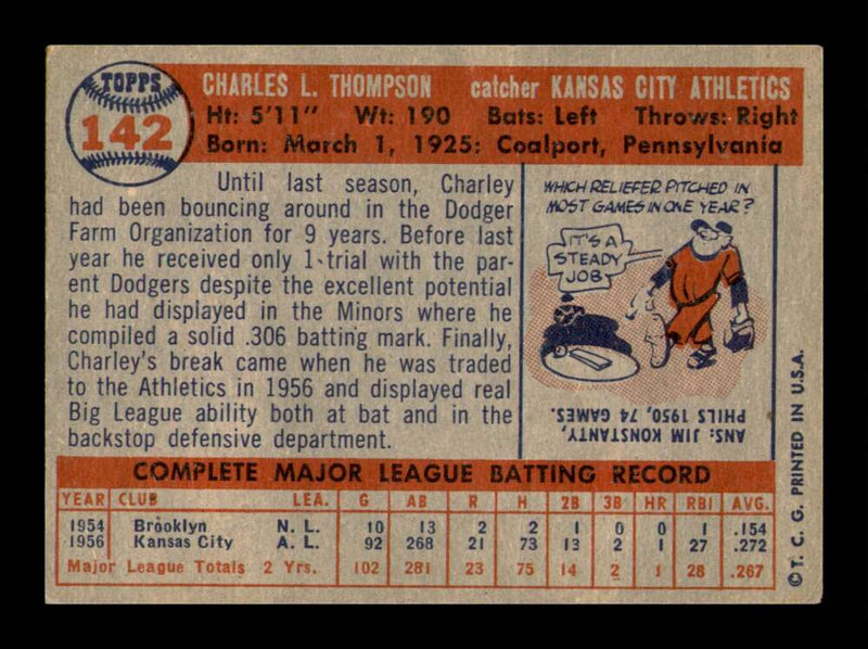 Load image into Gallery viewer, 1957 Topps Charley Thompson #142 Surface Scratches Kansas City Athletics  Image 2
