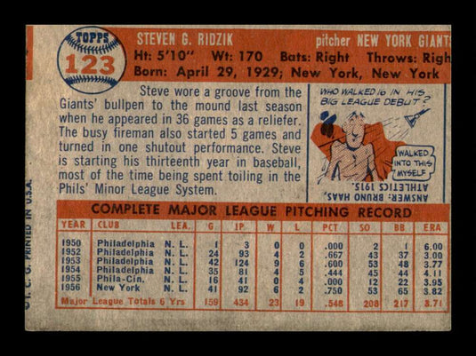 1957 Topps Steve Ridzik 