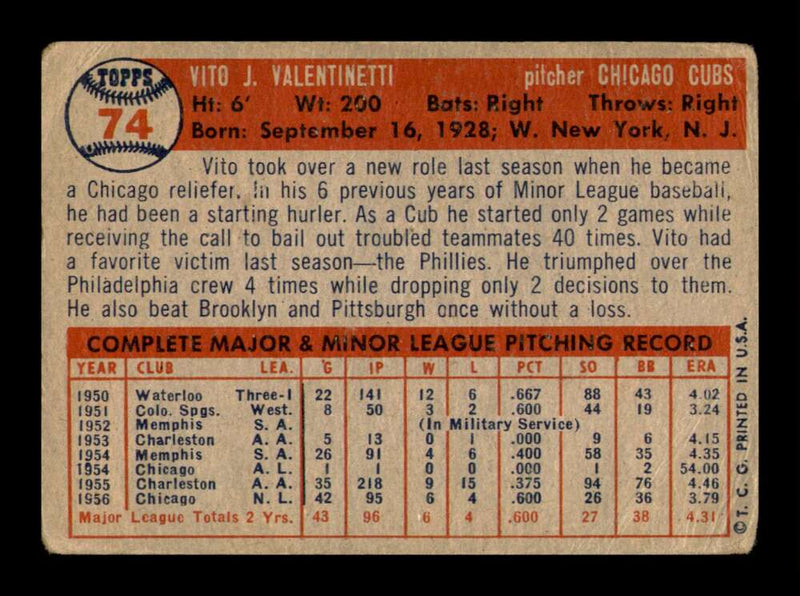 Load image into Gallery viewer, 1957 Topps Vito Valentinetti #74 Creases Chicago Cubs  Image 2
