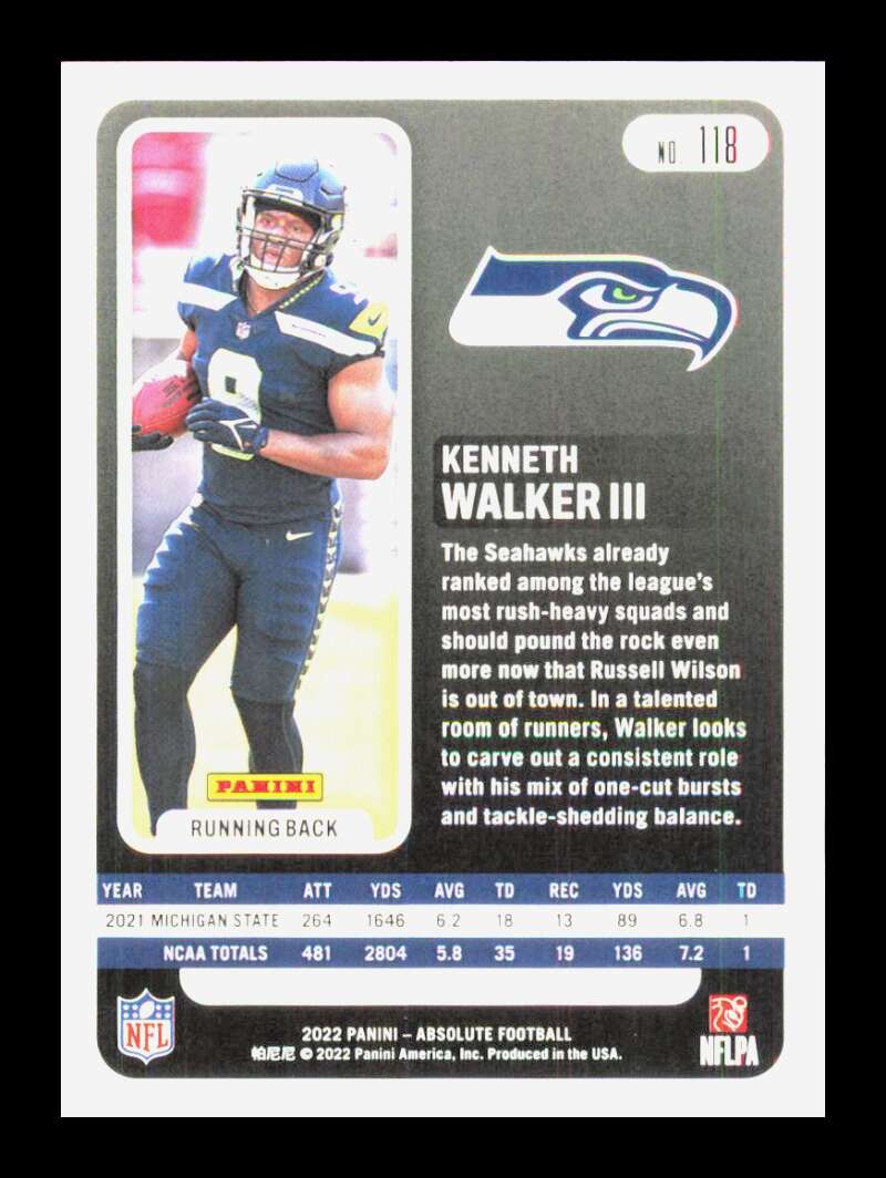 Load image into Gallery viewer, 2022 Panini Absolute Kenneth Walker III #118 Rookie RC Seattle Seahawks  Image 2
