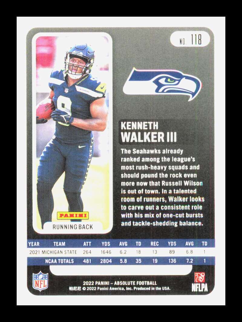 Load image into Gallery viewer, 2022 Panini Absolute Kenneth Walker III #118 Rookie RC Seattle Seahawks  Image 2
