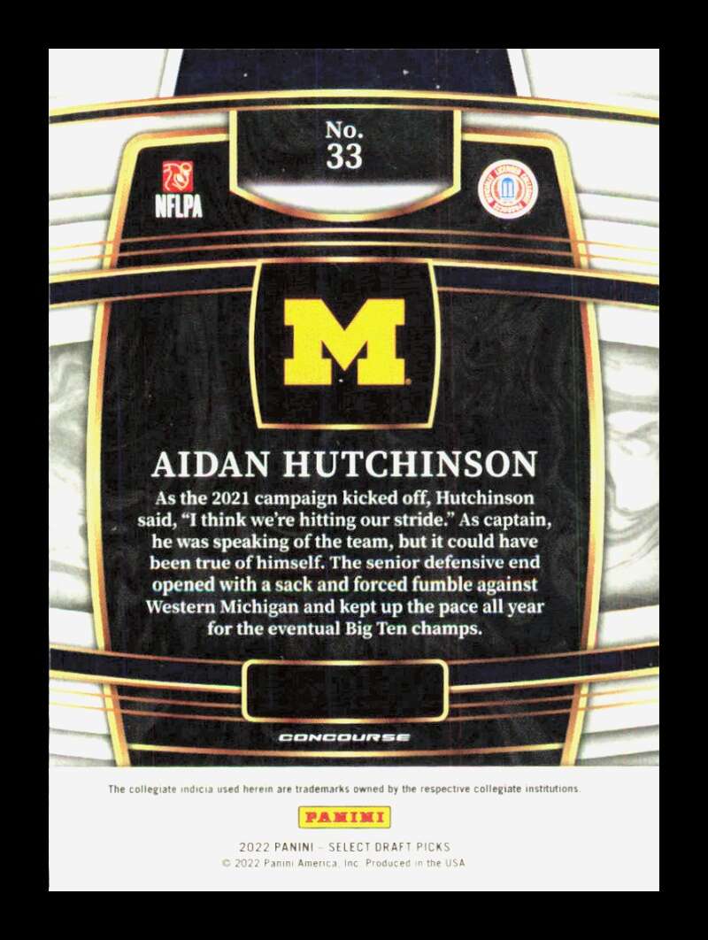 Load image into Gallery viewer, 2022 Panini Select Draft Blue Aidan Hutchinson #33 Rookie RC Michigan Wolverines  Image 2
