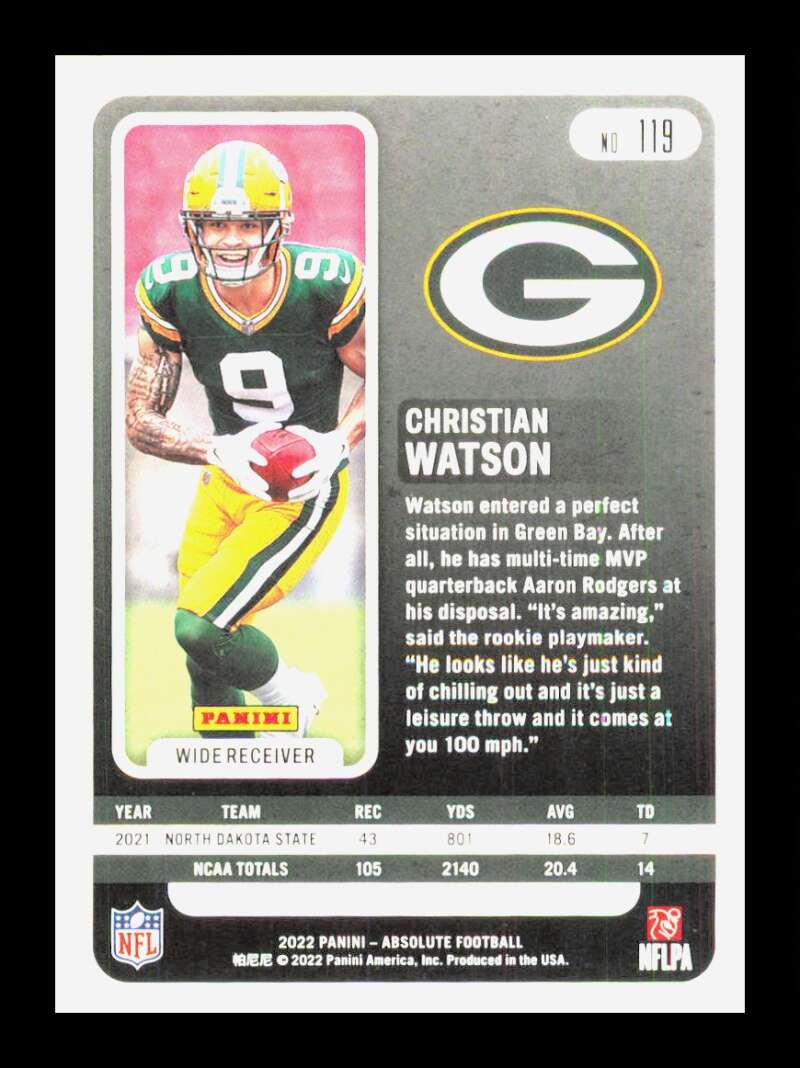 Load image into Gallery viewer, 2022 Panini Absolute Christian Watson #119 Rookie RC Green Bay Packers  Image 2
