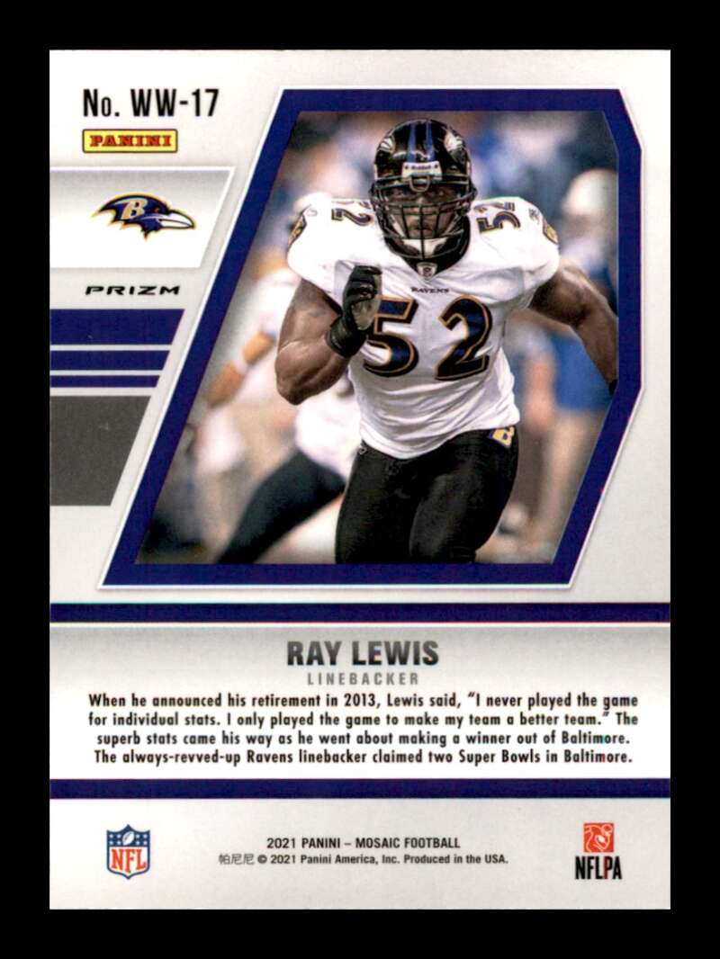 Load image into Gallery viewer, 2021 Panini Mosaic Will To Win Green Mosaic Prizm Ray Lewis #WW-17 Baltimore Ravens  Image 2
