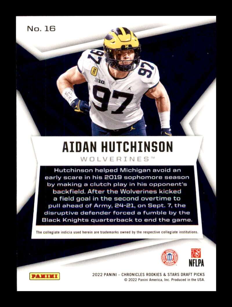 Load image into Gallery viewer, 2022 Panini Chronicles Draft Rookies Stars Aidan Hutchinson #16 Rookie RC Michigan Wolverines  Image 2
