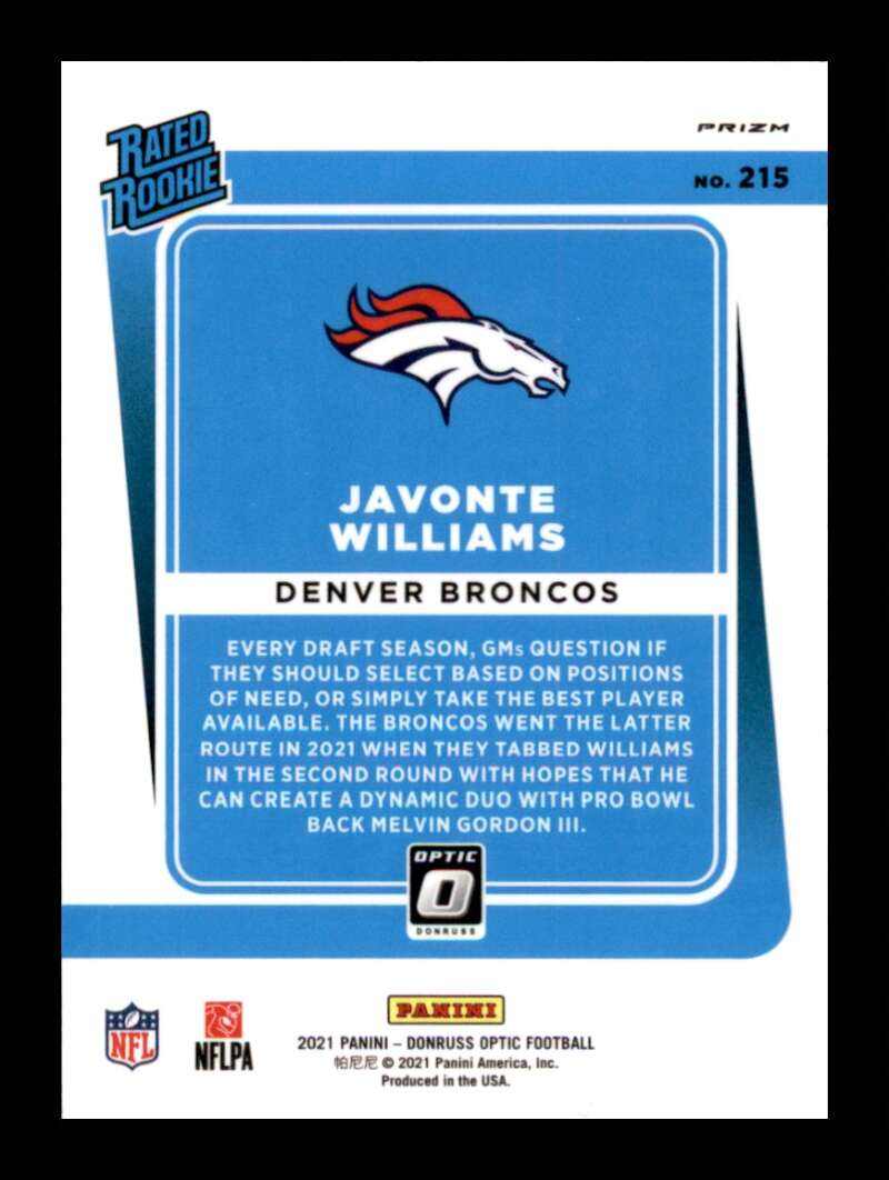 Load image into Gallery viewer, 2021 Donruss Optic Pink Prizm Javonte Williams #215 Rookie RC Denver Broncos  Image 2
