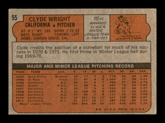 1972 Topps Clyde Wright #55 G California Angels – Shark City Collectibles