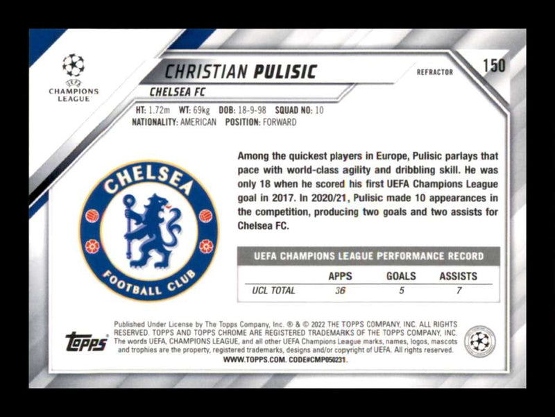 Load image into Gallery viewer, 2021-22 Topps Chrome UEFA Refractor Christian Pulisic #150 Chelsea FC  Image 2
