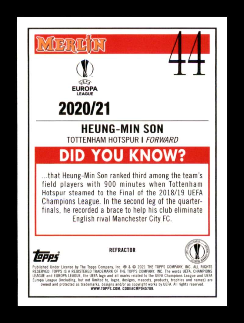 Load image into Gallery viewer, 2020-21 Topps Merlin UEFA Refractor Son Heung-min #44 Tottenham Hotspur  Image 2
