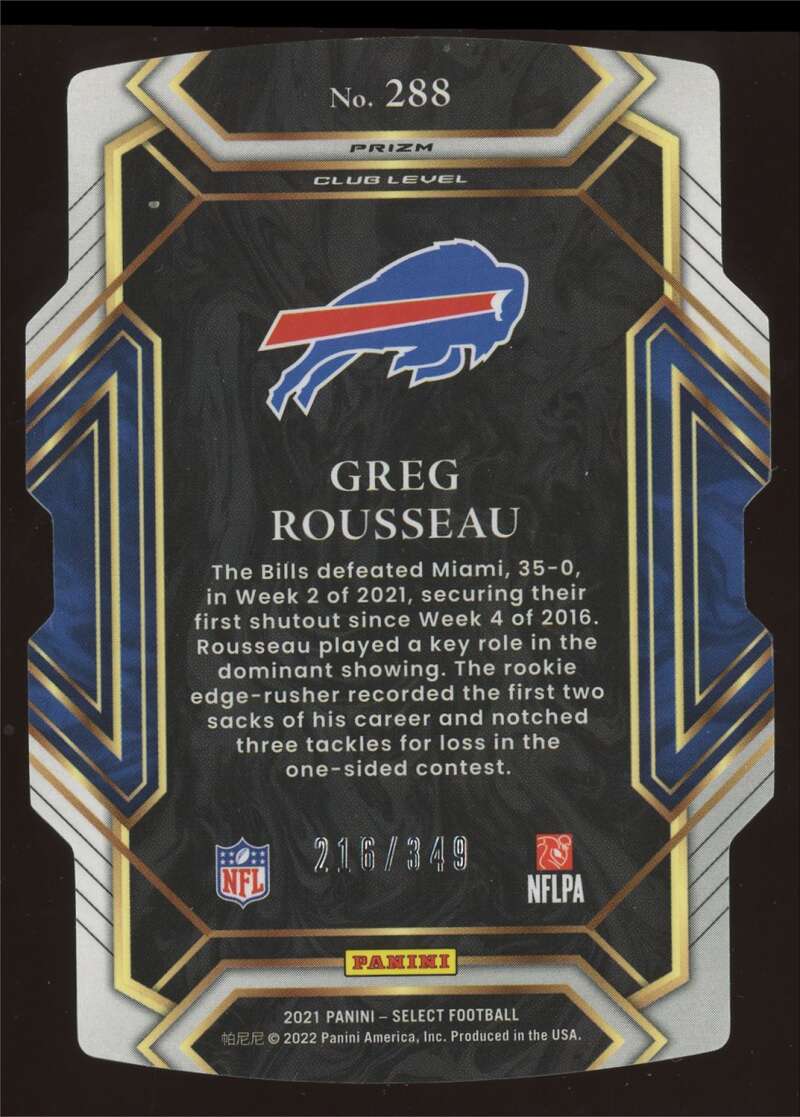 Load image into Gallery viewer, 2021 Panini Select Neon Green Prizm Die Cut Greg Rousseau #288 Rookie RC SP /349 Buffalo Bills  Image 2
