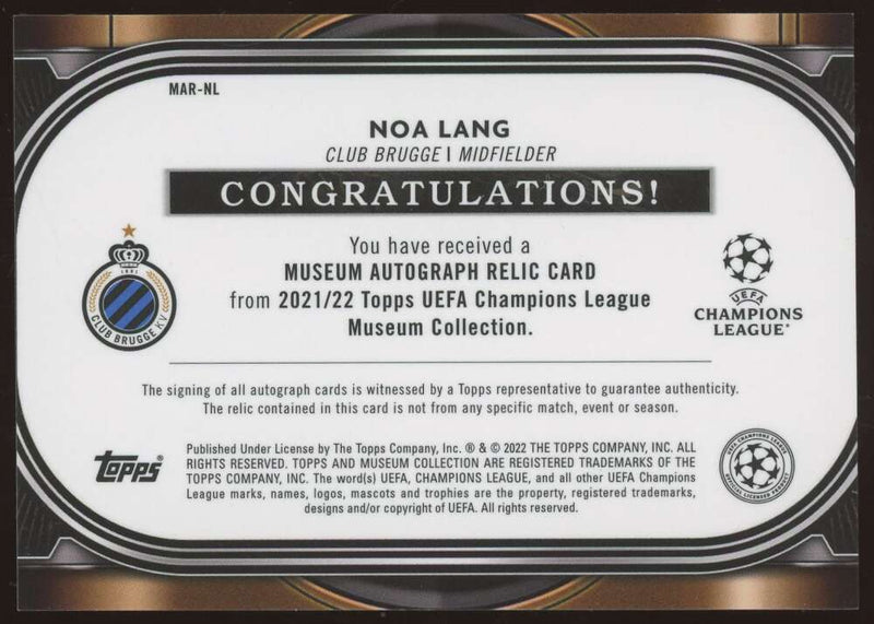 Load image into Gallery viewer, 2021-22 Topps Museum Collection UEFA Auto Relic Amethyst Noa Lang #MAR-NL Patch /99 Club Brugge KV  Image 2
