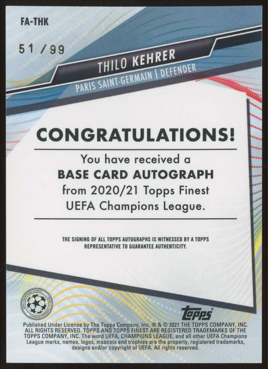 2020-21 Topps Finest UEFA Green Wave Refractor Auto Thilo Kehrer