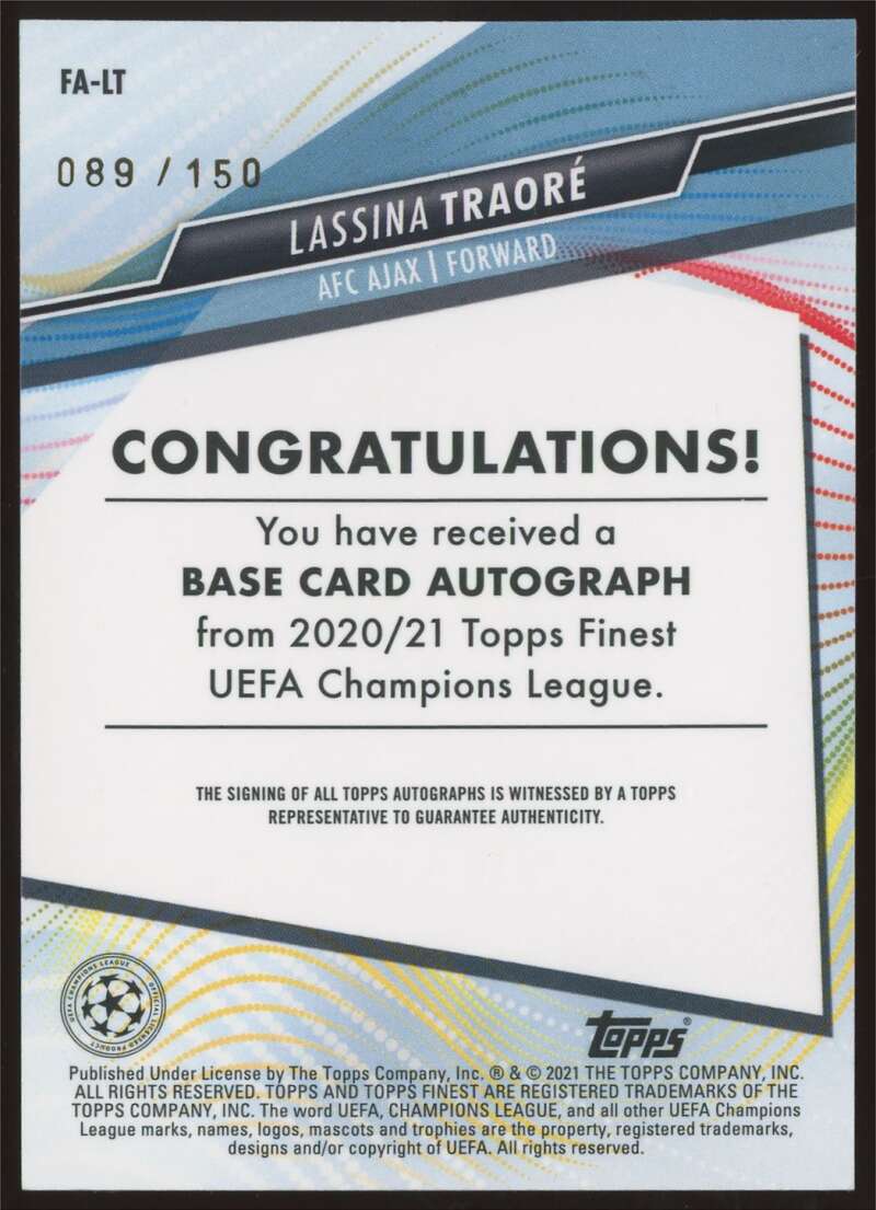 Load image into Gallery viewer, 2020-21 Topps Finest UEFA Blue Refractor Auto Lassina Traore #FA-LT Rookie RC Autograph /150 Ajax  Image 2
