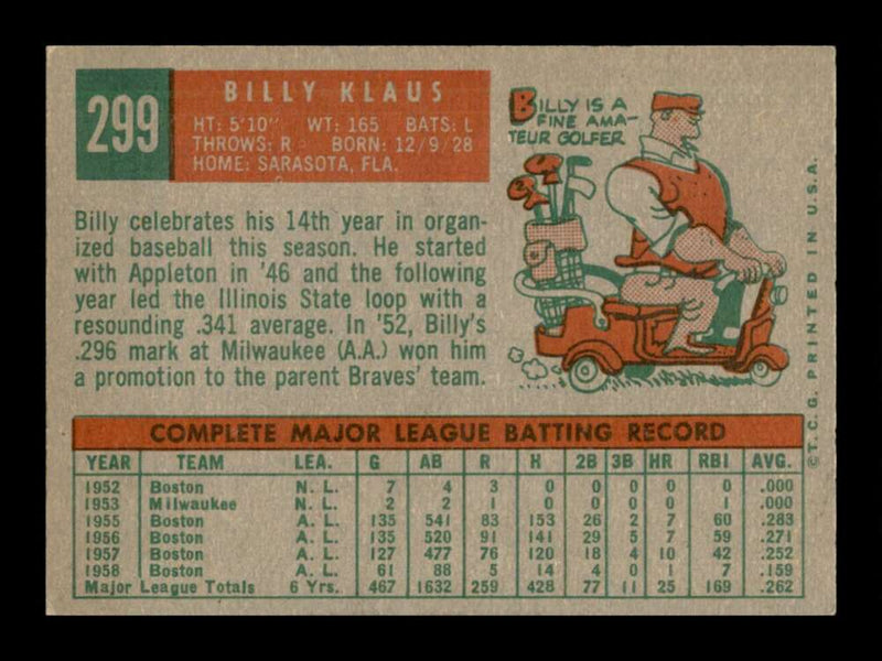 Load image into Gallery viewer, 1959 Topps Billy Klaus #299 NM Baltimore Orioles  Image 2
