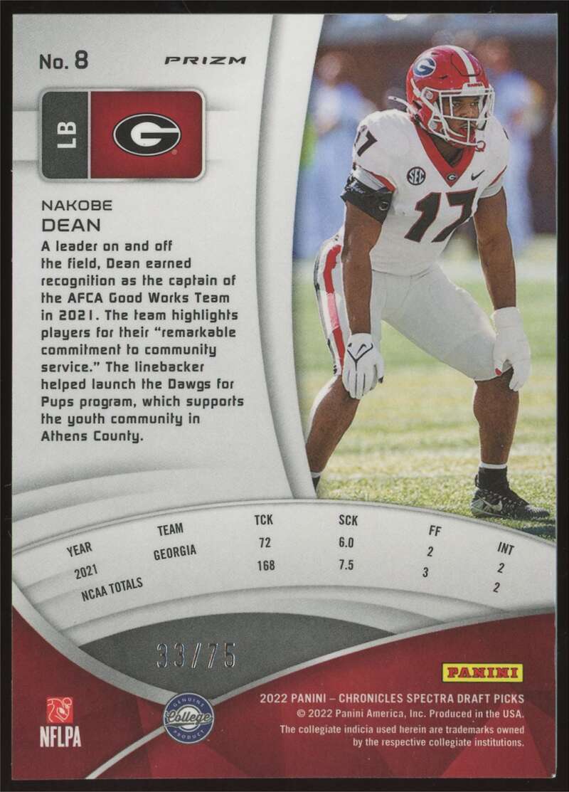 Load image into Gallery viewer, 2022 Chronicles Draft Spectra Neon Pink Prizm Nakobe Dean #8 Rookie RC /75 Georgia Bulldogs  Image 2
