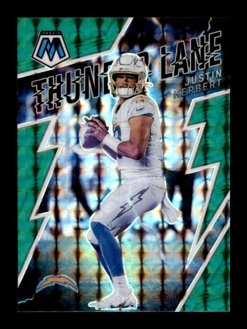 Load image into Gallery viewer, 2022 Panini Mosaic Thunder Lane Green Mosaic Prizm Justin Herbert #TL-21 Los Angeles Chargers  Image 1
