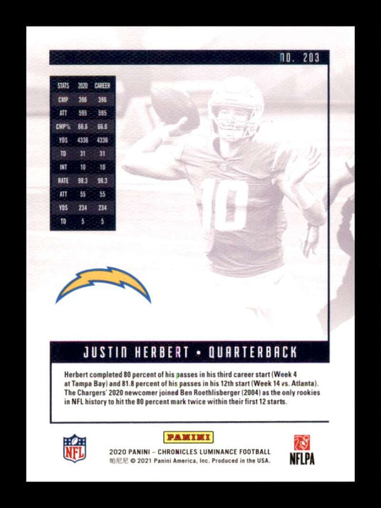 2020 Panini Chronicles Luminance Bronze Justin Herbert