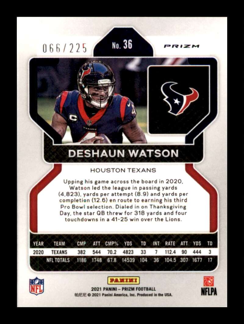 Load image into Gallery viewer, 2021 Panini Prizm Purple Ice Prizm Deshaun Watson #36 SP /225 Houston Texans  Image 2
